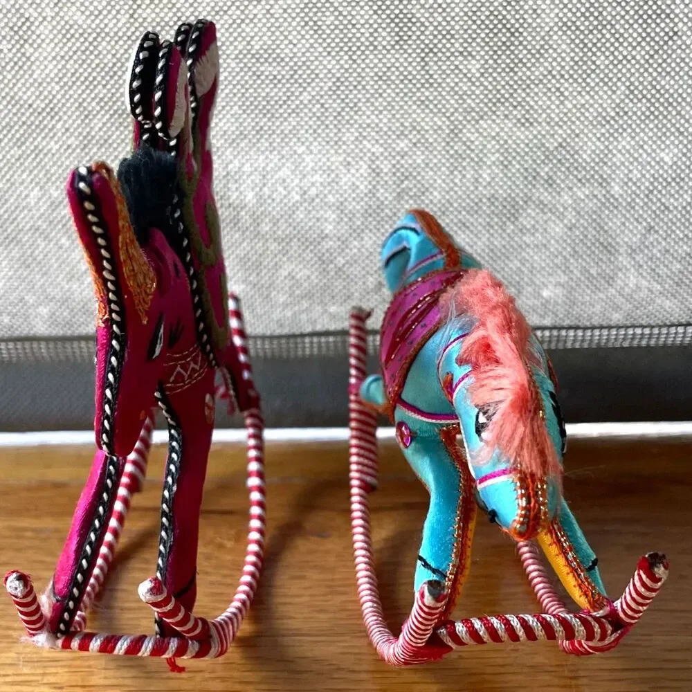 Vintage Fabric Rocking Horse Pair Embroidered Sequins Boho Folk Art Decor